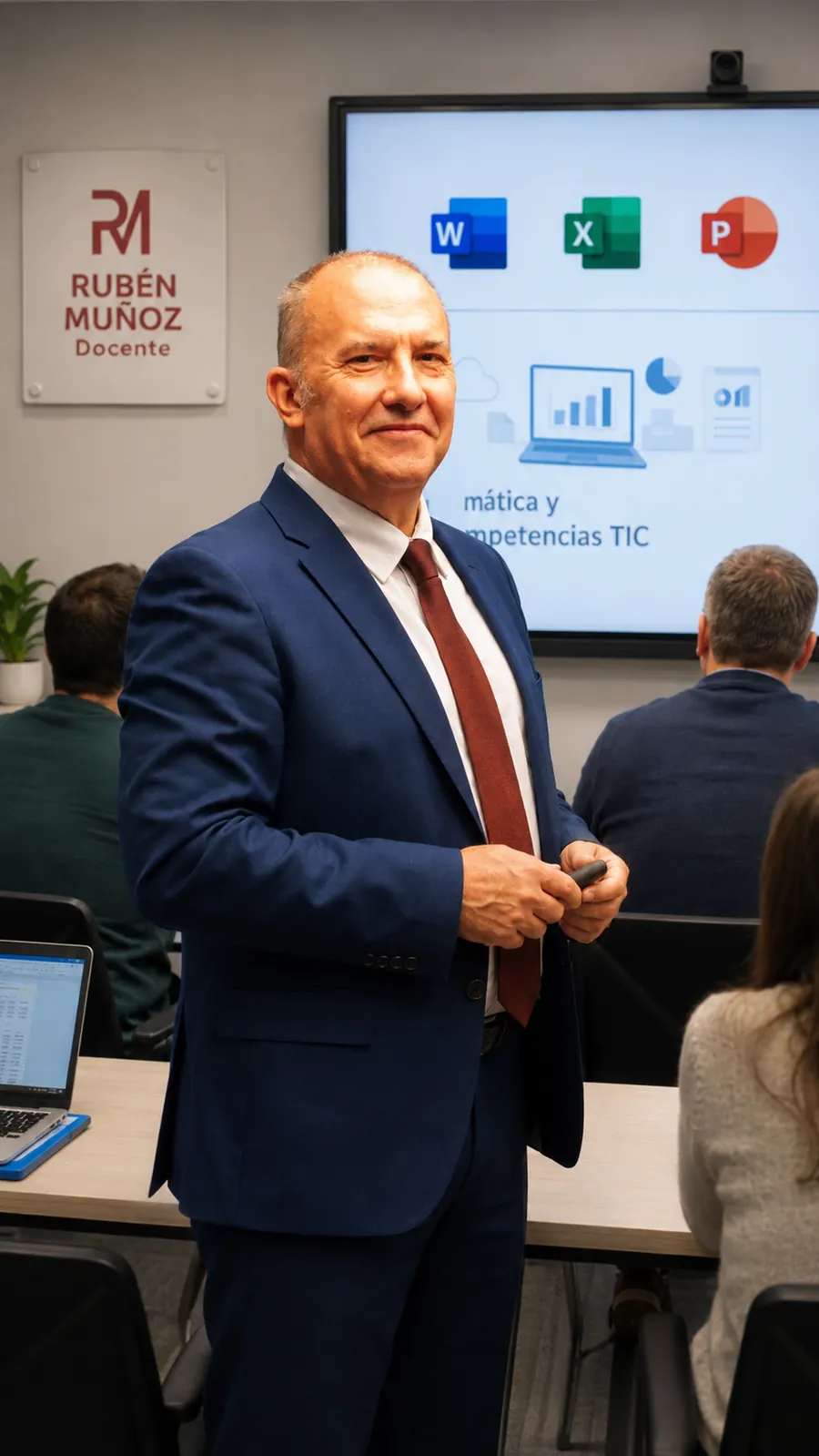 Retrato profesional de Rubén Muñoz en un aula de competencias TIC