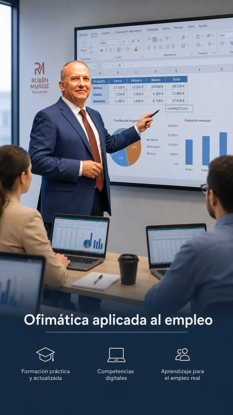 Representación visual de Rubén Muñoz impartiendo ofimática aplicada al empleo